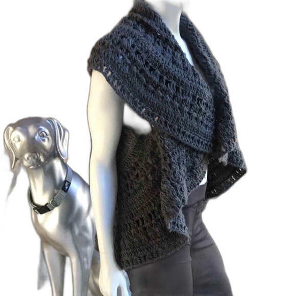 J & X NY Boho Crochet Open Front Shawl Caller High Low Gray Cardigan Sz One Size - Picture 4 of 6